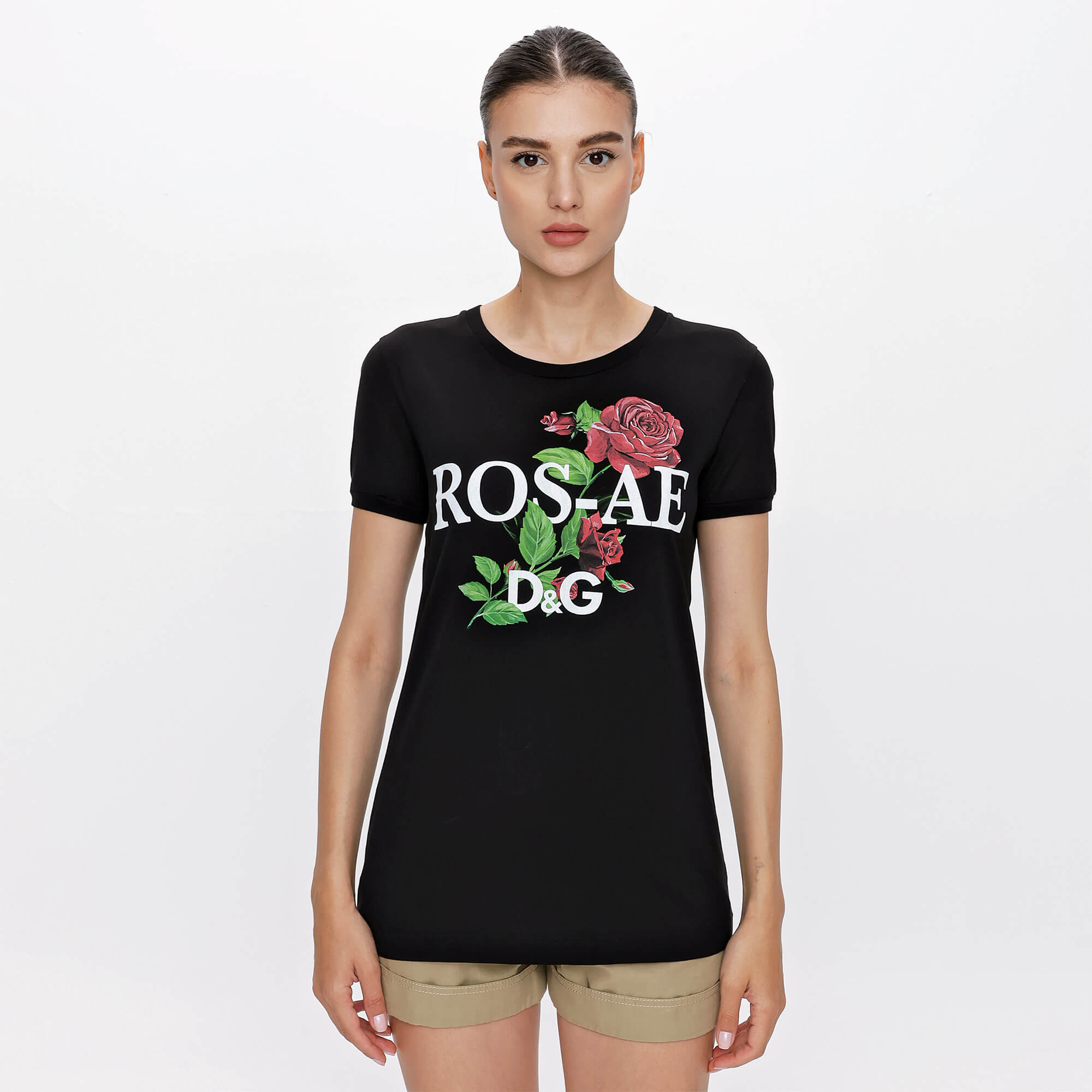 Dolce&Gabbana - Black Cotton Rose Print Tshirt